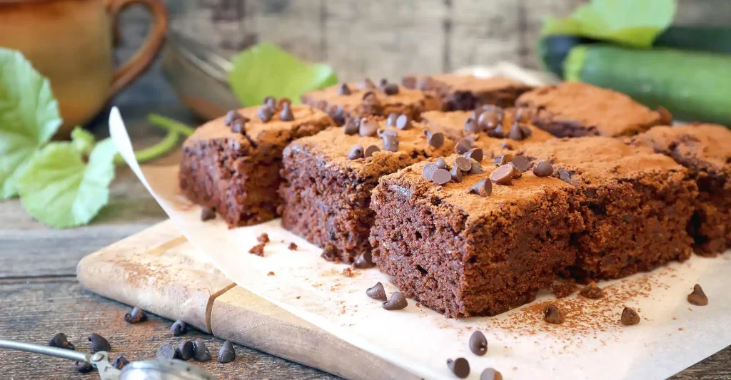 Holzbrett mit Backpapier und vielen Brownies darauf.