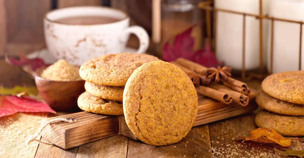 Holztisch mit Cookies, Zimt, Sternanis und Kaffetasse.