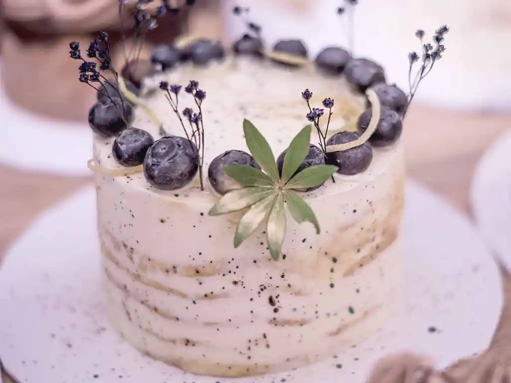 Teller mit Semi Naked Torte und Blaubeeren oben drauf.
