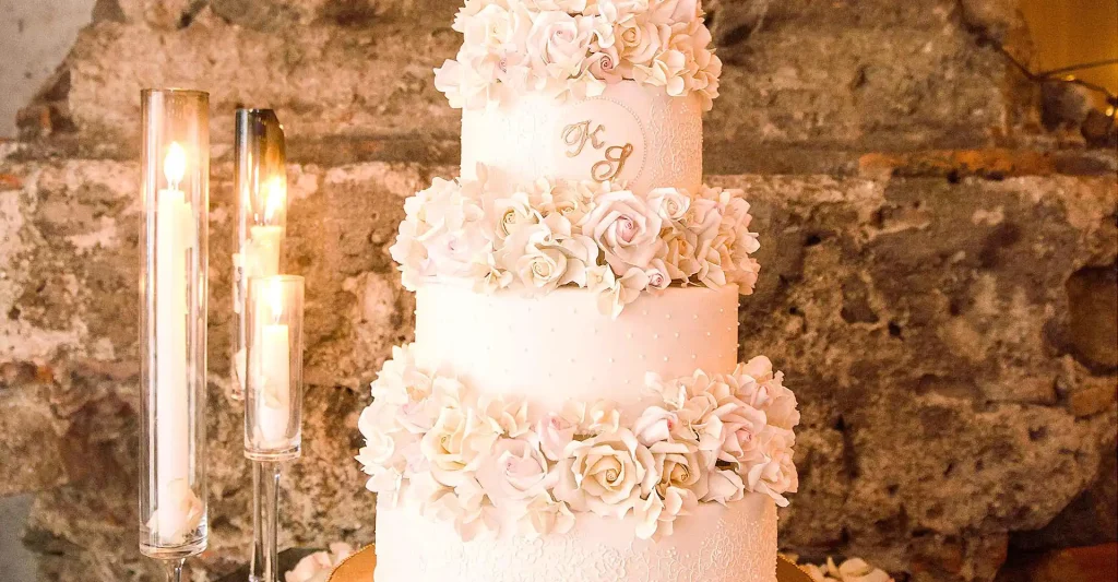 Hochzeitstisch mit Torte und Blumendeko.