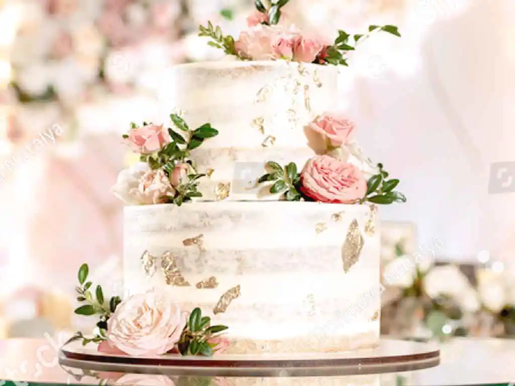 Weiße 2-stöckige Hochzeitstorte im Semi Naked Stil mit Rosendekor.