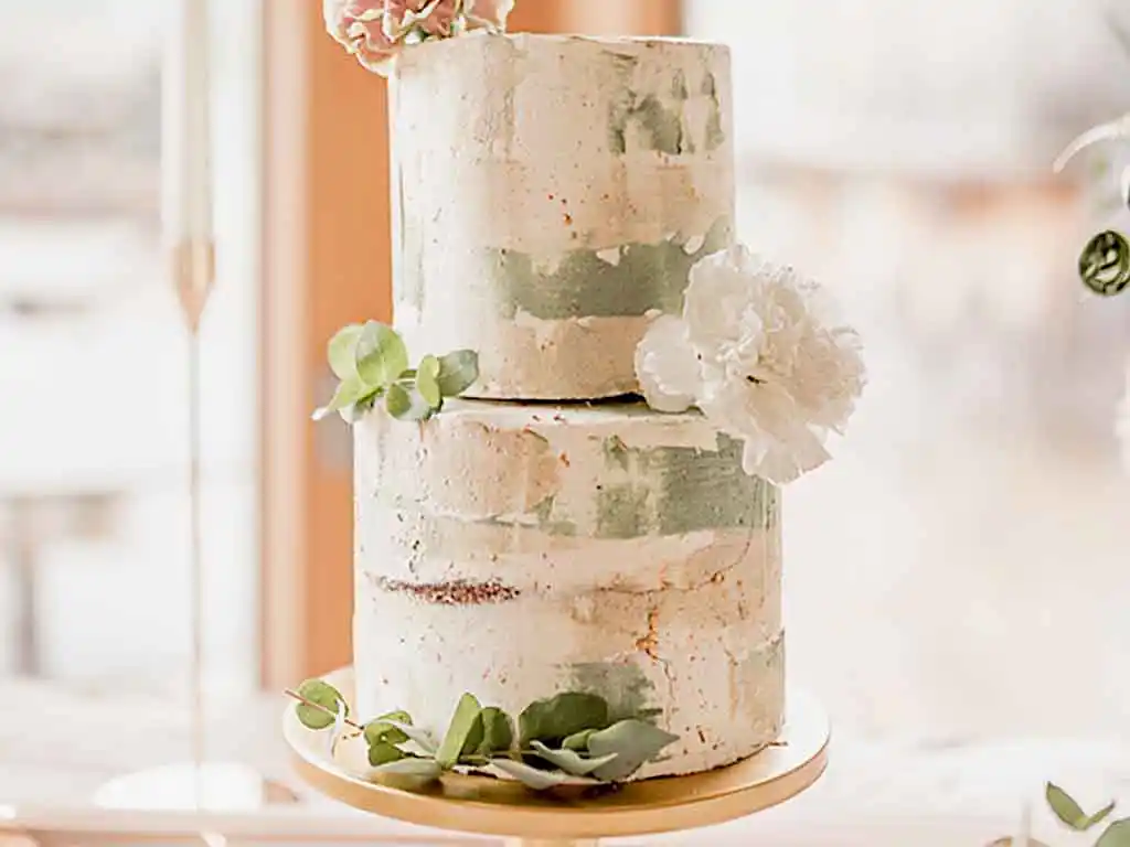 Grün-weiße Hochzeitstorte im Ombré Design (schattiert) mit weißem und grünem Blumendekor.