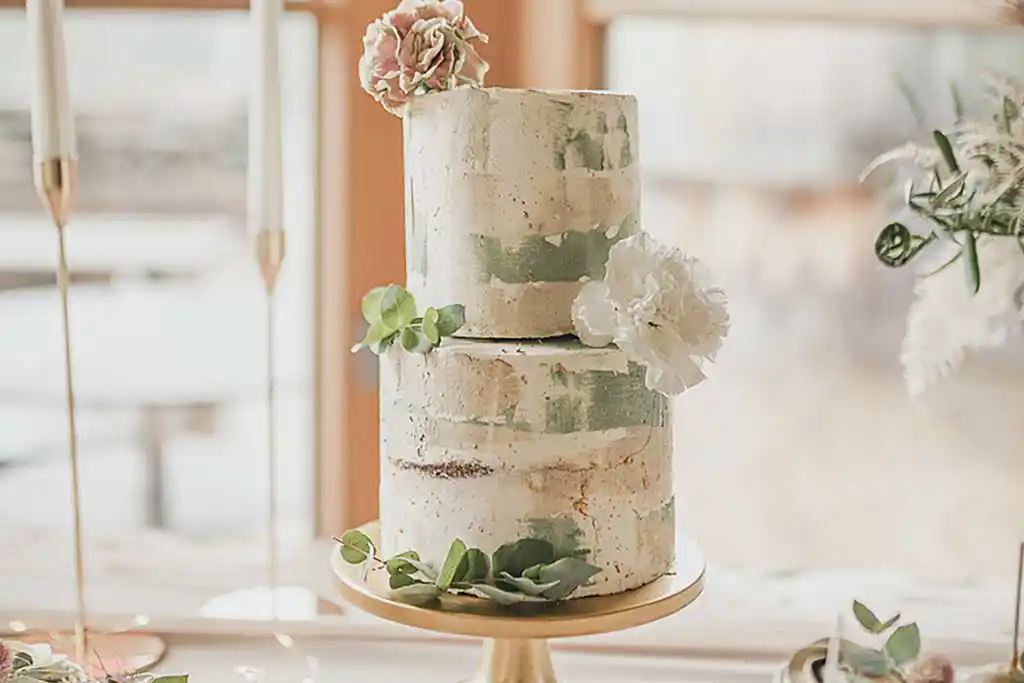 2-stöckige Hochzeitstorte mit Blumendekor, Farbthema grün